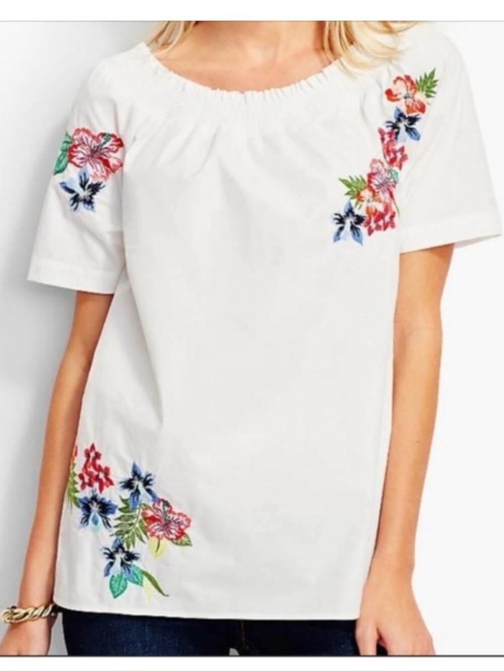 NWT Talbots White Floral-Embroidered Off-Shoulder Top Womens Size Medium